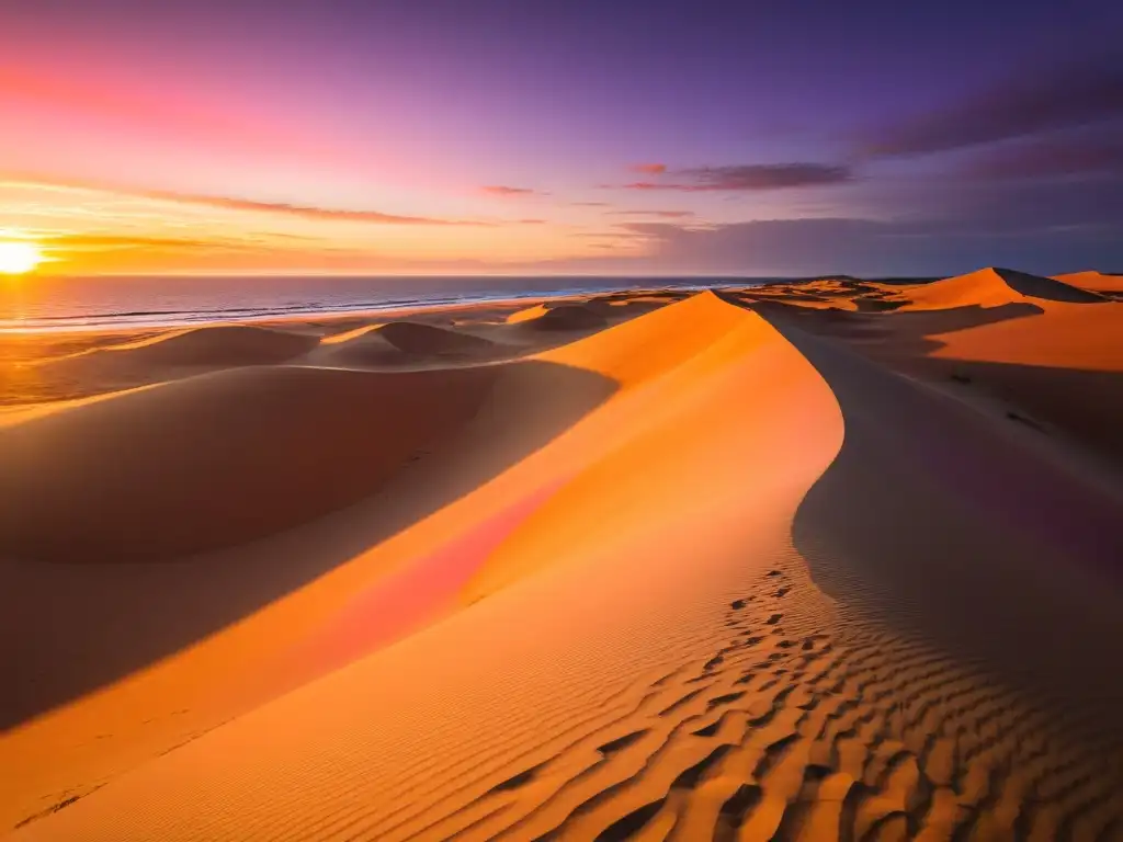 Explorando dunas doradas Cabo Polonio, un paraíso de arena bajo un atardecer que tiñe el cielo y el faro solitario