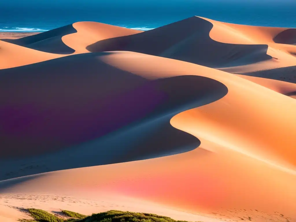 Explorando dunas doradas Cabo Polonio al atardecer, con una paleta de colores vibrantes y el faro como guía