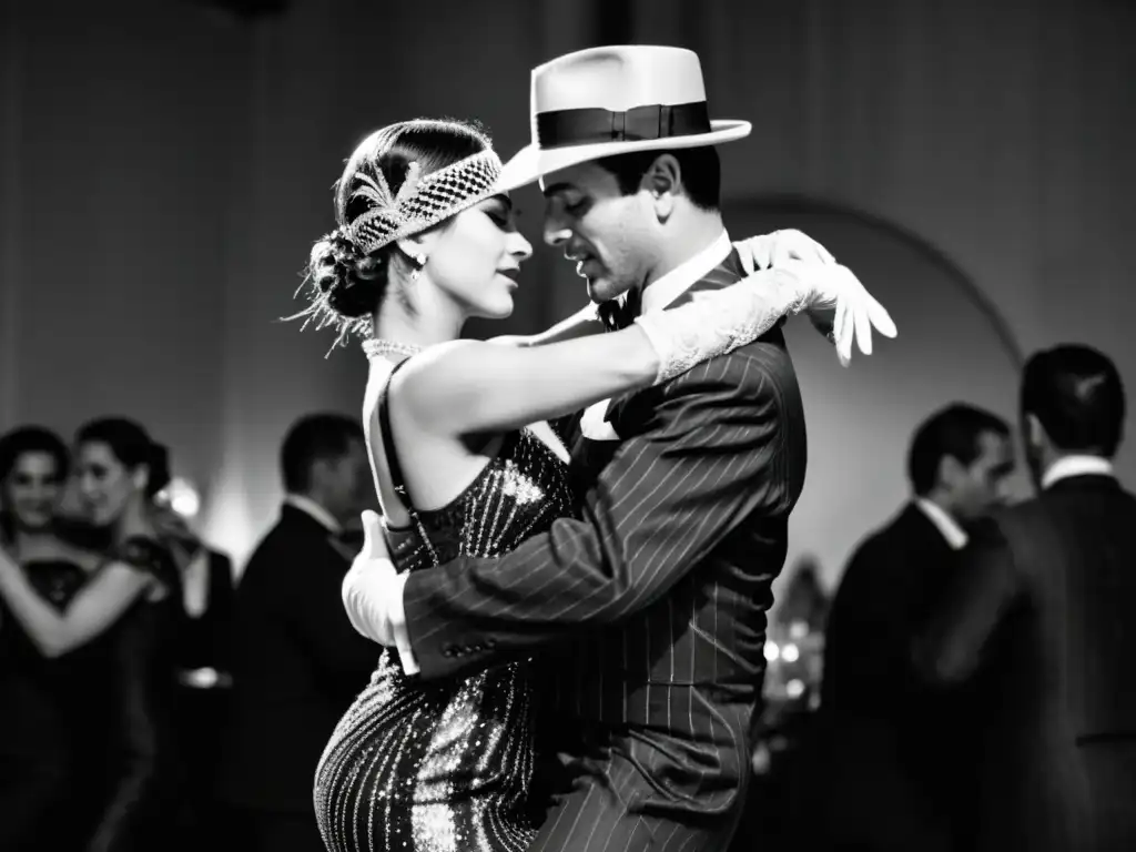 Dúo apasionado en baile tradicional tango Uruguay, vestidos con elegancia de principios del siglo XX, en un salón iluminado por candelabros vintage