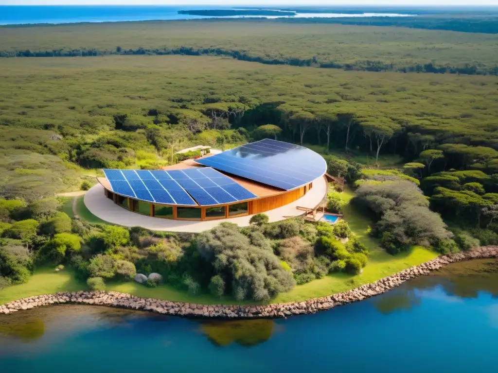 Ecoalojamientos para proteger patrimonio natural Uruguay: vista panorámica de un ecolodge sostenible, en armonía con la naturaleza virgen de Uruguay, reflejando el compromiso ecológico y la conservación