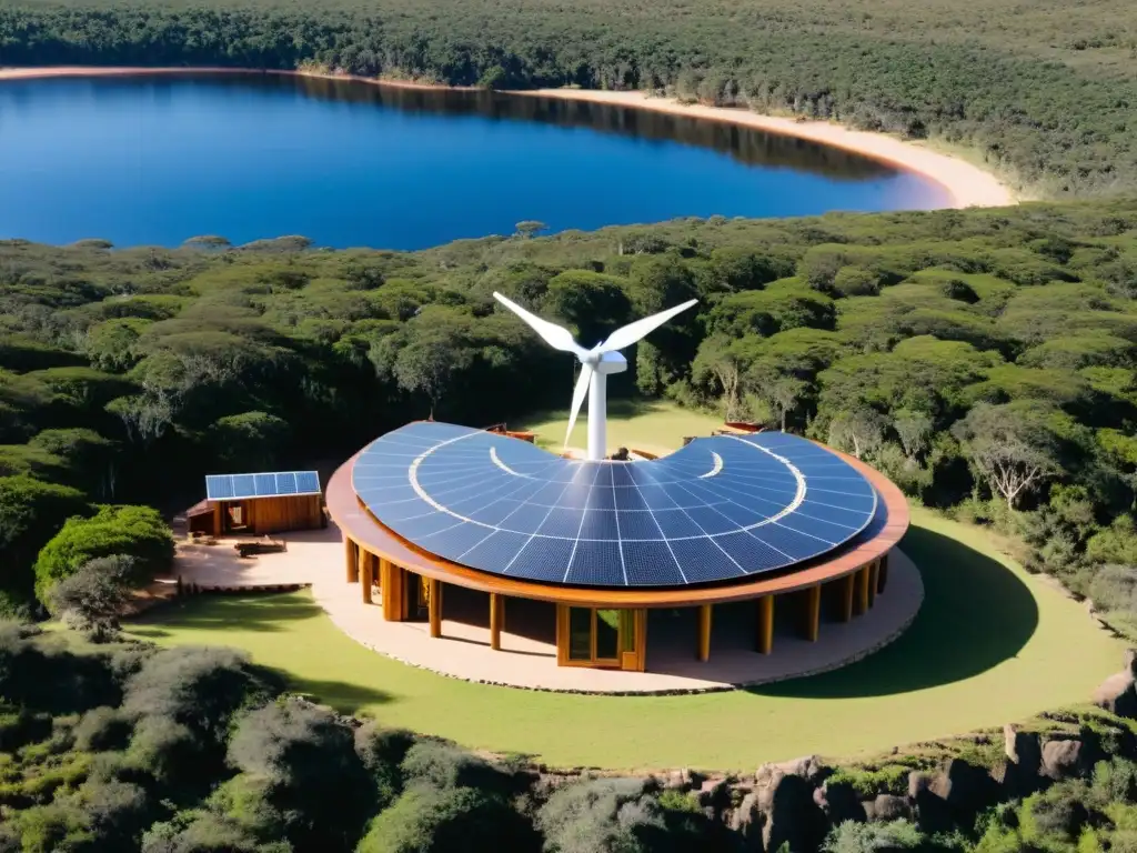 Ecoalojamientos para proteger patrimonio natural Uruguay: vista panorámica de una ecolodge sostenible en la selva uruguaya, fusionándose con la naturaleza