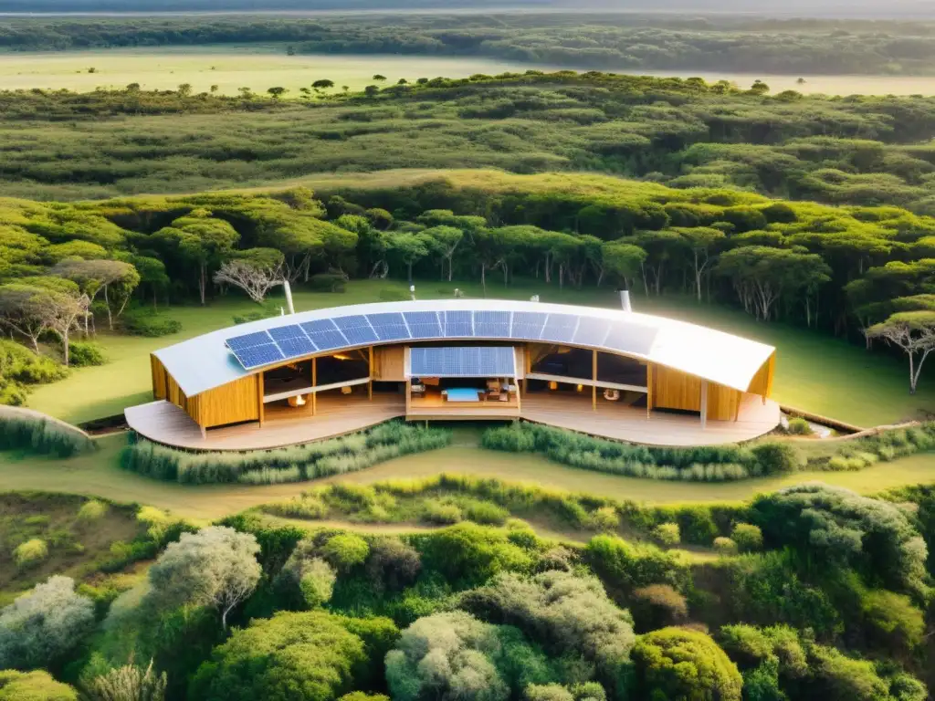 Ecoalojamientos para proteger patrimonio natural Uruguay: vista panorámica de un ecolodge sostenible, rodeado de la diversidad paisajística uruguaya