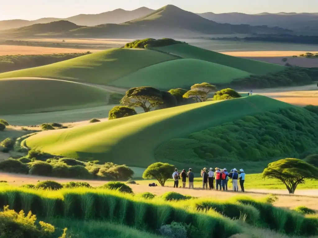 Ecoturistas admirando la biodiversidad rural en el sereno atardecer de Uruguay, reflejando la esencia del ecoturismo