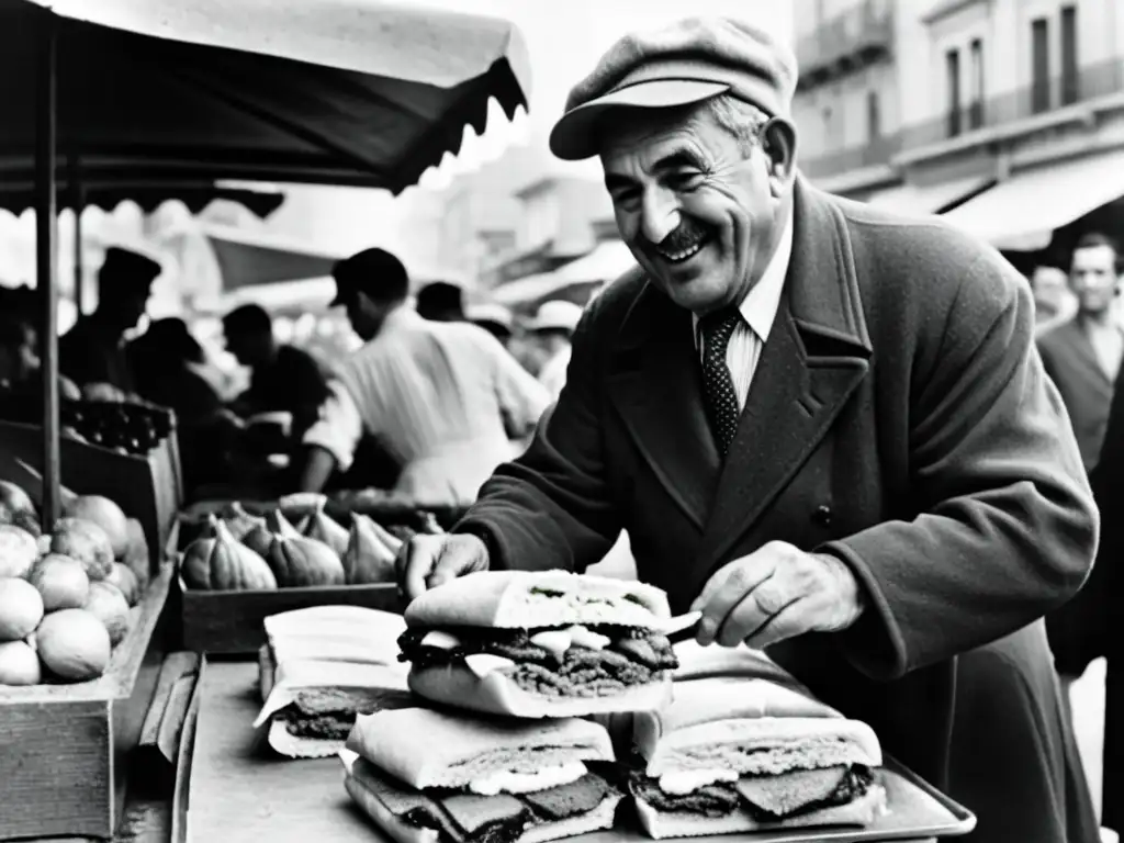 Un emblema de la historia uruguaya, un anciano alegre prepara el platillo tradicional uruguayo Chivito en un bullicioso mercado de los años 40