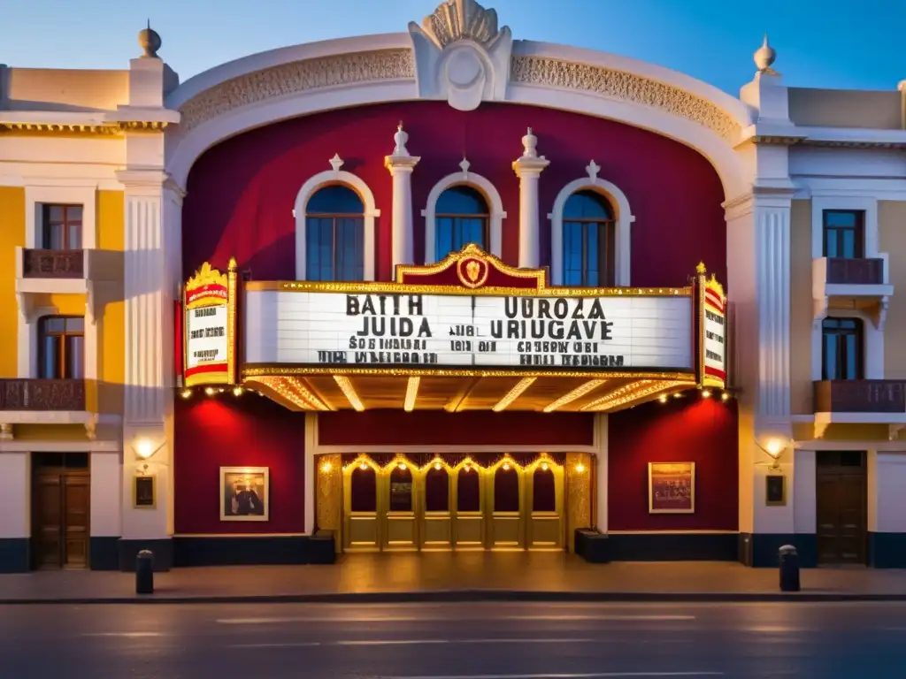 Emblemático teatro uruguayo, con su cartelera de eventos reluciendo al atardecer, prometiendo un festín de arte y cultura