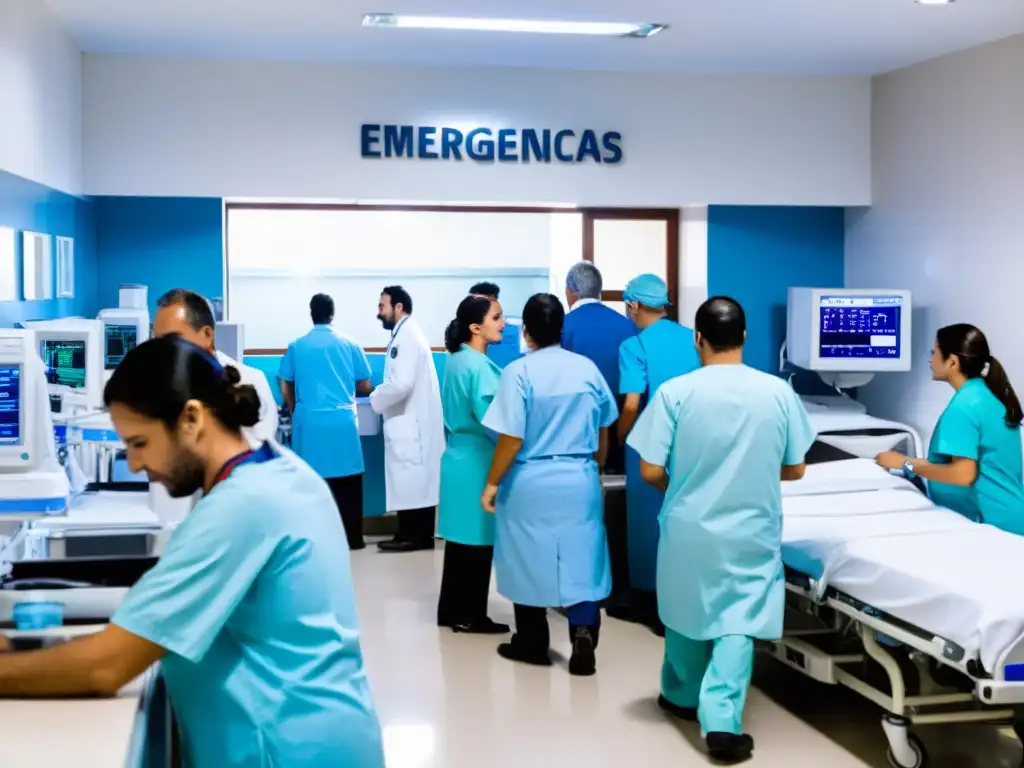 Emergencias de salud en viaje a Uruguay: sala llena de profesionales médicos atendiendo a pacientes con urgencia y competencia