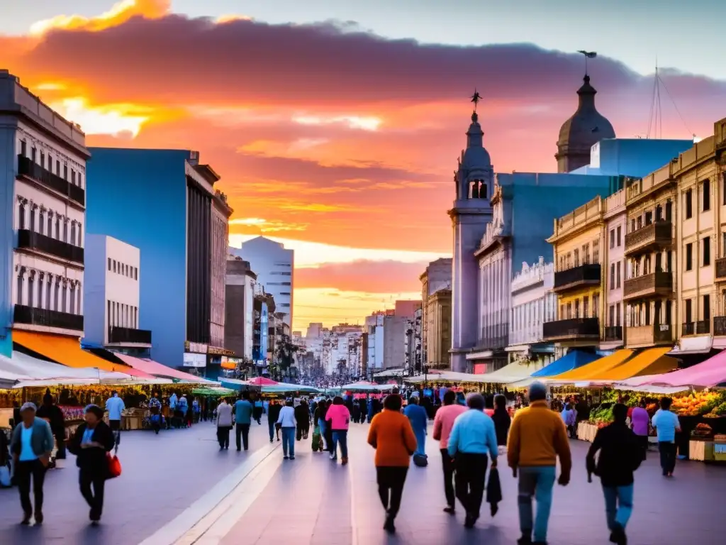 Emergencias de salud viaje Uruguay: Pareja preparándose en una vibrante calle de Montevideo, con farmacia cercana, en un atardecer naranja