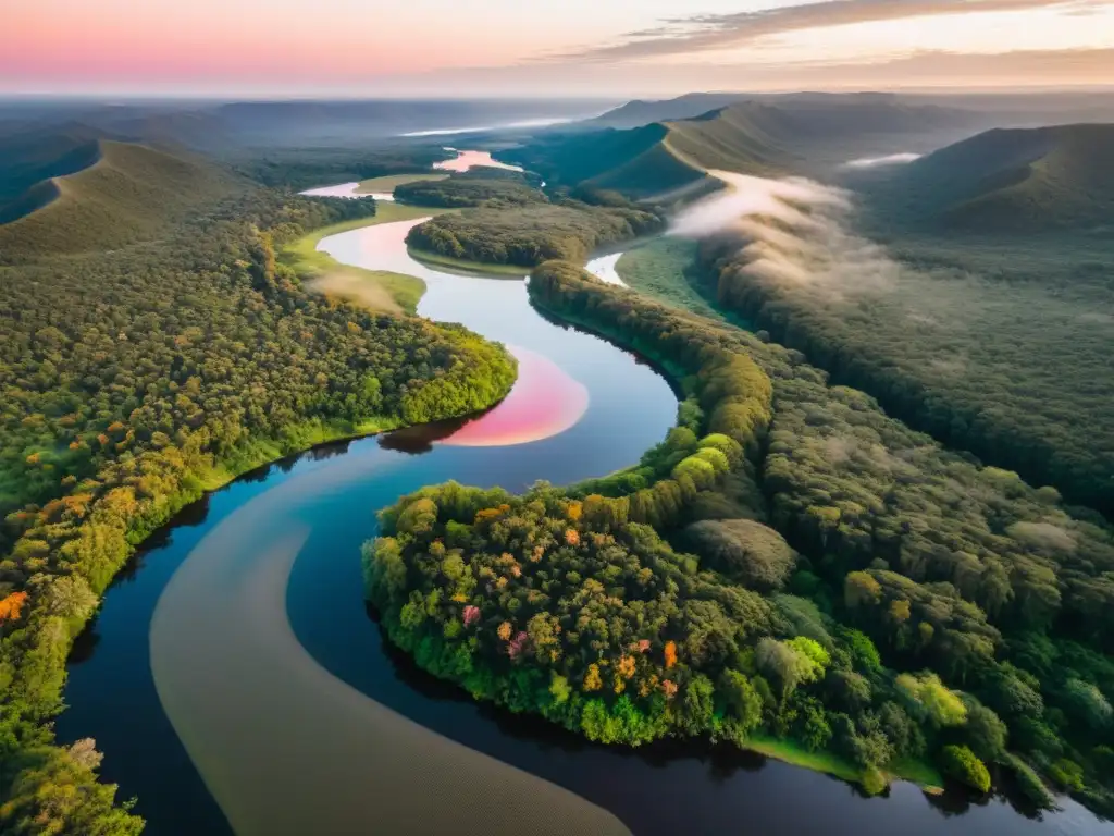 Amanecer en Uruguay: kayakers disfrutando de la emoción del río entre bosques, uno de los mejores lugares para practicar kayak