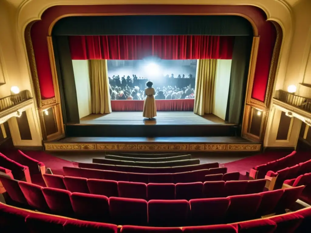 Emocionada audiencia presenciando la influencia cultural del primer 'Cine en Uruguay' en un teatro antiguo y nostálgico