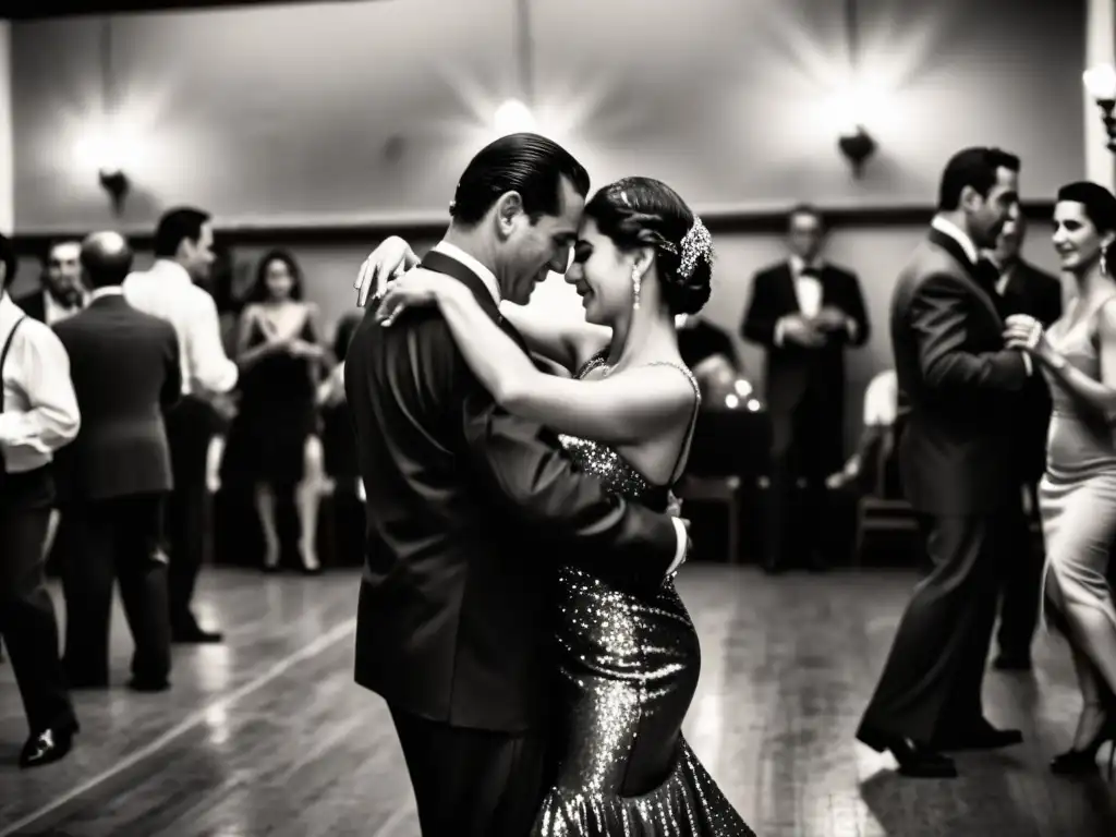 Emocionante baile tradicional tango Uruguay, retratado en blanco y negro, con apasionados bailarines en un ambiente nostálgico