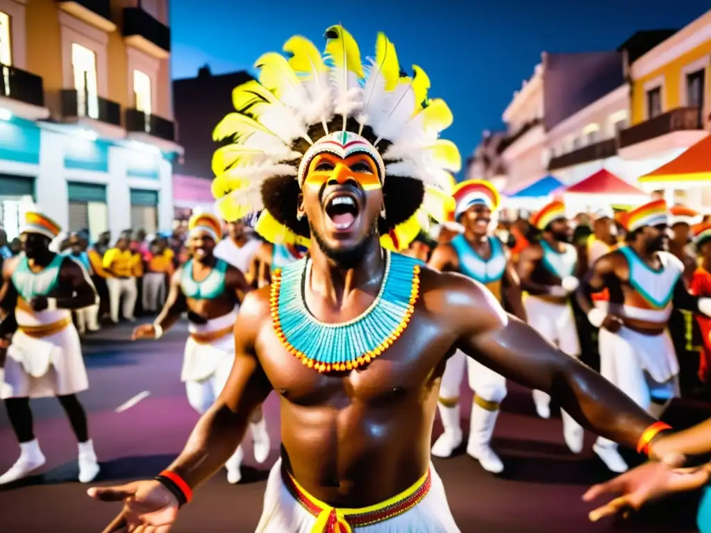 Emocionante Carnaval de Montevideo, música y danza vibrante con tamborileros de Candombe y bailarines coloridos bajo un cielo estrellado