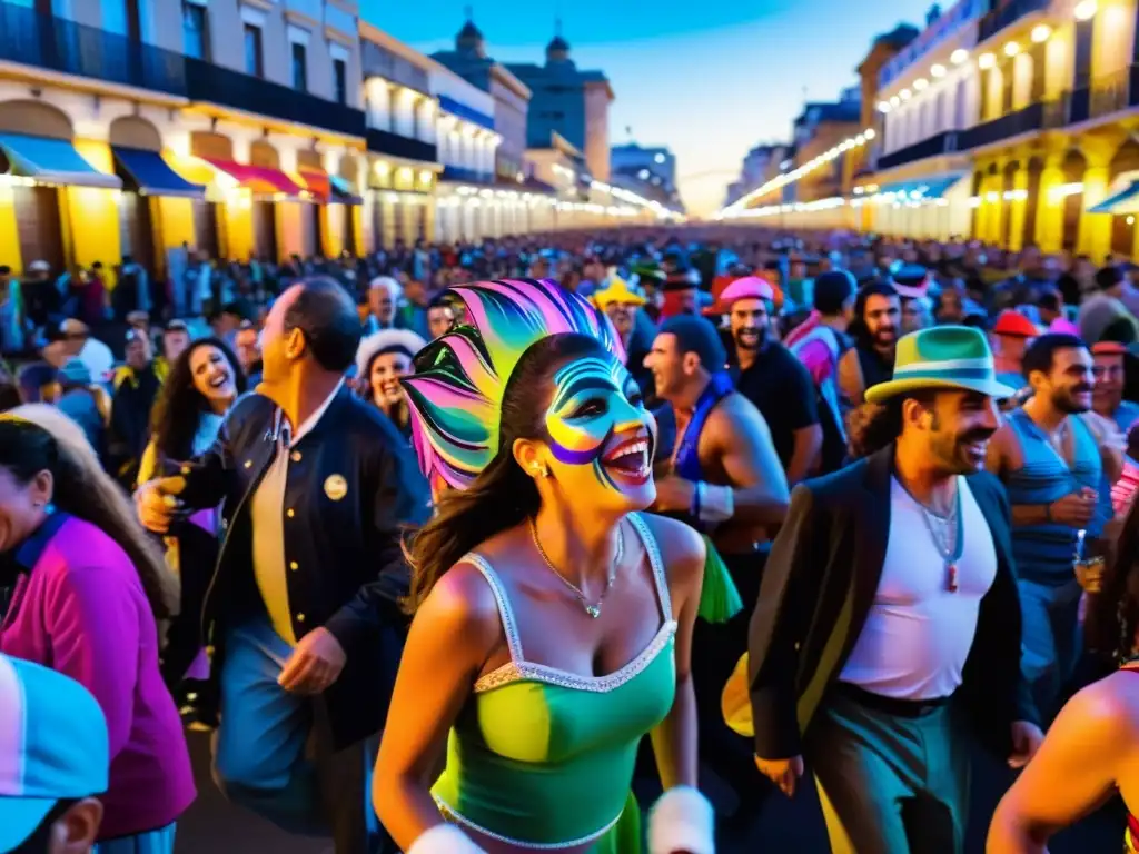 Emocionante escena del Carnaval de Montevideo, capturada con técnicas de fotografía para festivales uruguayos, lleno de colores y alegría