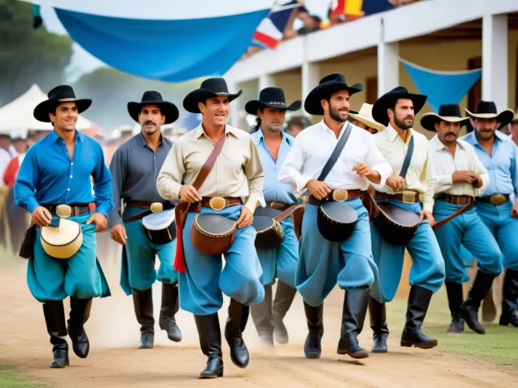 Emocionante Fiesta de la Patria Gaucha Uruguay con valientes gauchos demostrando sus habilidades ante un asado humeante, bajo un cielo azul vibrante