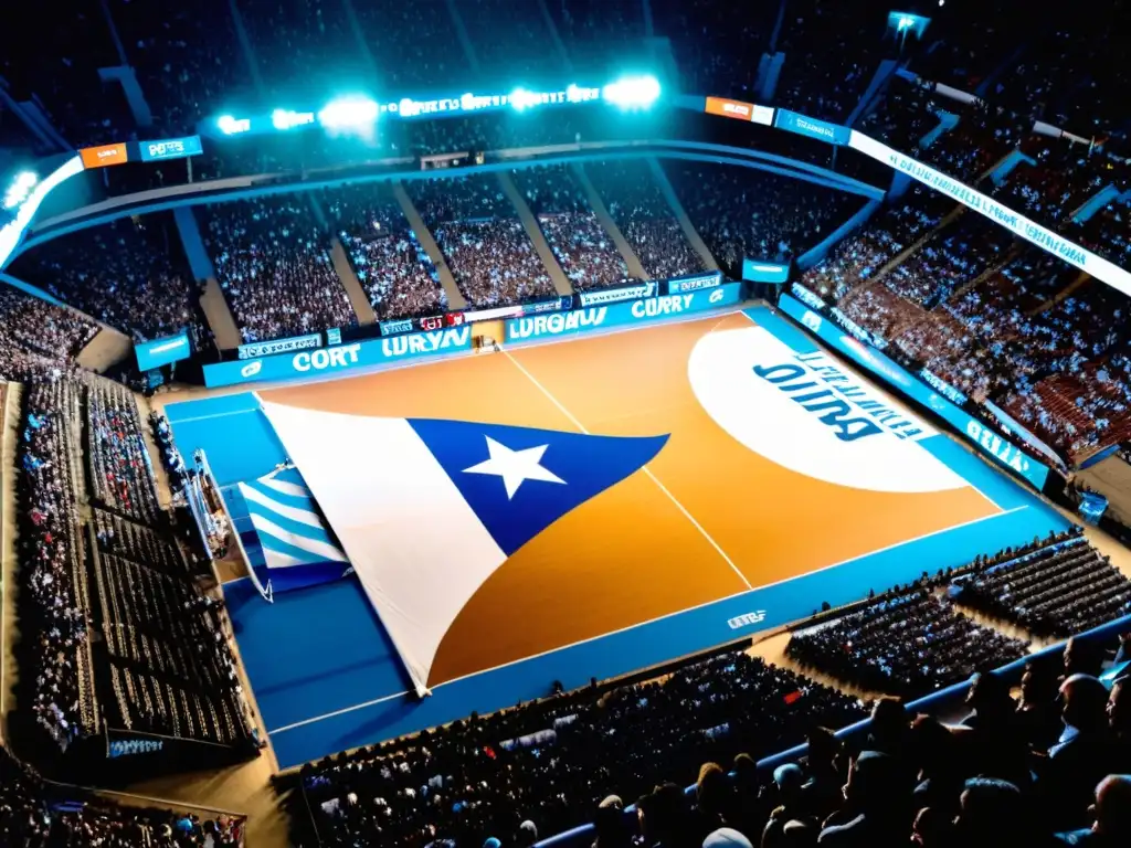 Emocionante momento en uno de los eventos de baloncesto en Uruguay, con estadio repleto y bandera ondeando orgullosamente