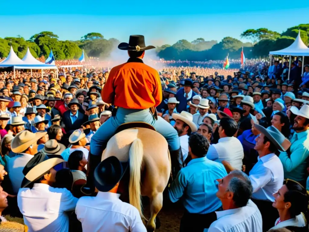 Un emocionante momento en las Fiestas y festivales tradicionales en Uruguay, con un gaucho en plena Fiesta de la Patria Gaucha, bajo un cielo dorado