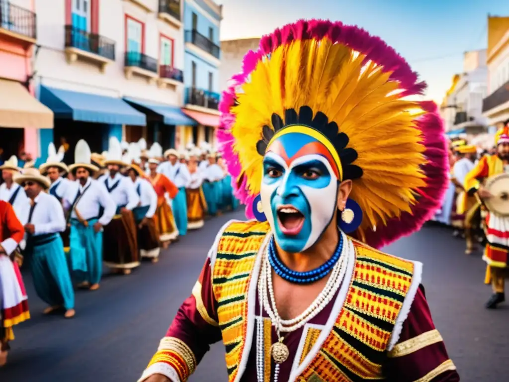 Emocionante Murga uruguaya crítica social humor, con bailarines en desfile vibrante, envueltos en el cálido atardecer