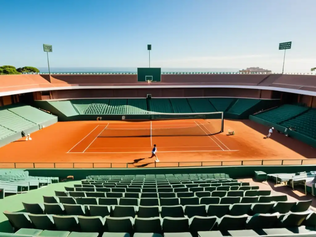 Emocionante partido en cancha de tenis iluminada por el sol en Montevideo, reflejando el crecimiento del tenis en eventos uruguayos