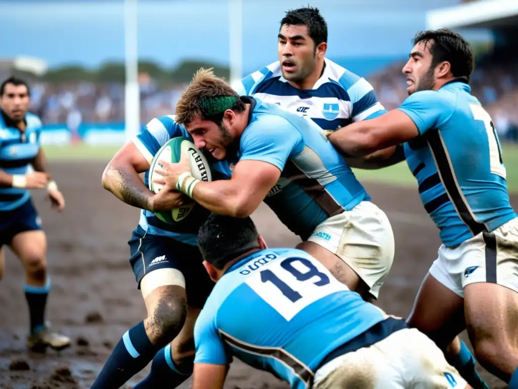 Emocionante partido de la tradición del rugby en Uruguay, jugadores luchando en el barro bajo un cielo en llamas, rodeados de fervor patriótico