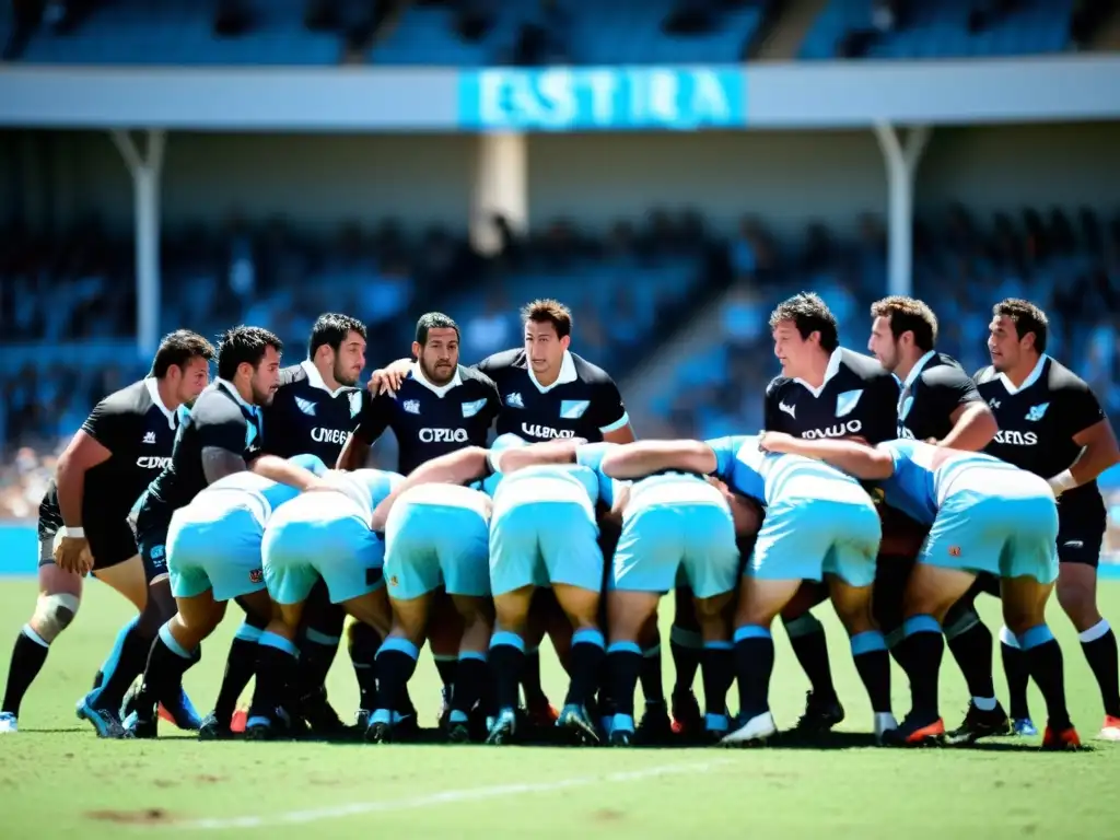 Emotiva escena de cultura rugby Uruguay, unión nacional y fervor en un partido en el Estadio Charrúa bajo un cielo azul