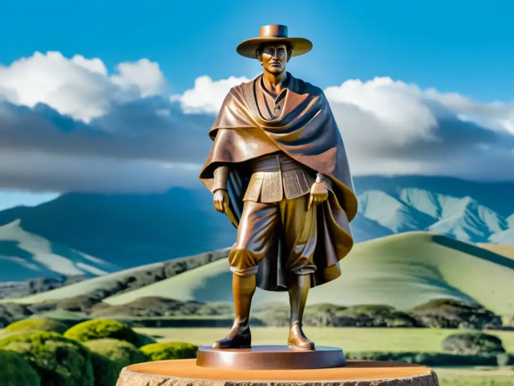 Emotiva estatua de bronce de José Belloni, capturando la robustez de un gaucho uruguayo y la belleza de su tierra, reflejando la influencia de José Belloni en el arte uruguayo