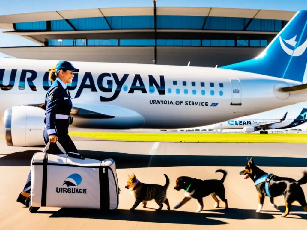 Un empleado de transporte de mascotas en un ajetreado aeropuerto uruguayo, prepara a perros y gatos para viajar con mascotas a Uruguay, bajo un sol brillante