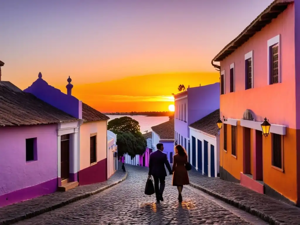 Dos enamorados pasean bajo un cielo teñido por el ocaso en Colonia del Sacramento, Uruguay, con un coche vintage y el faro al fondo