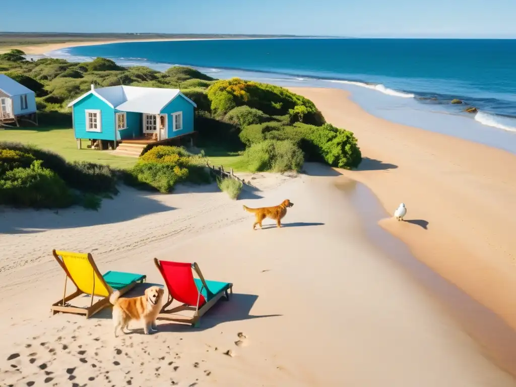 Encantador alojamiento pet friendly en Uruguay, con mascotas explorando alegremente playas doradas bajo el sol cálido