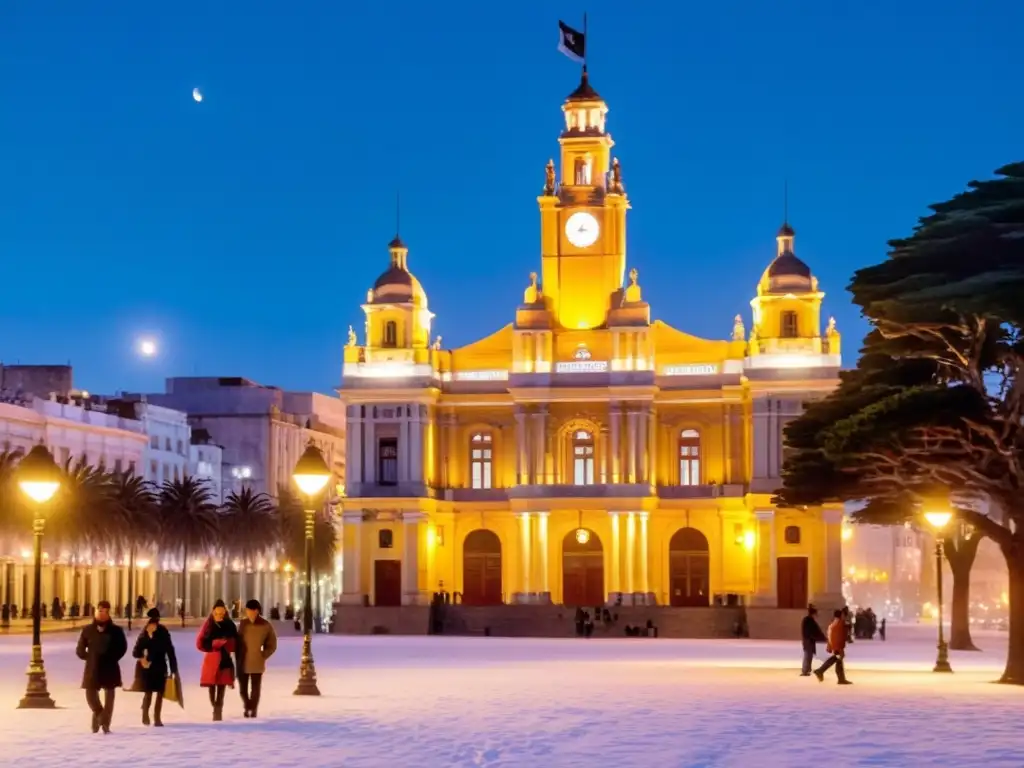 Un encantador invierno en Montevideo, el Palacio Salvo brilla bajo la luna, la mejor temporada para visitar Uruguay