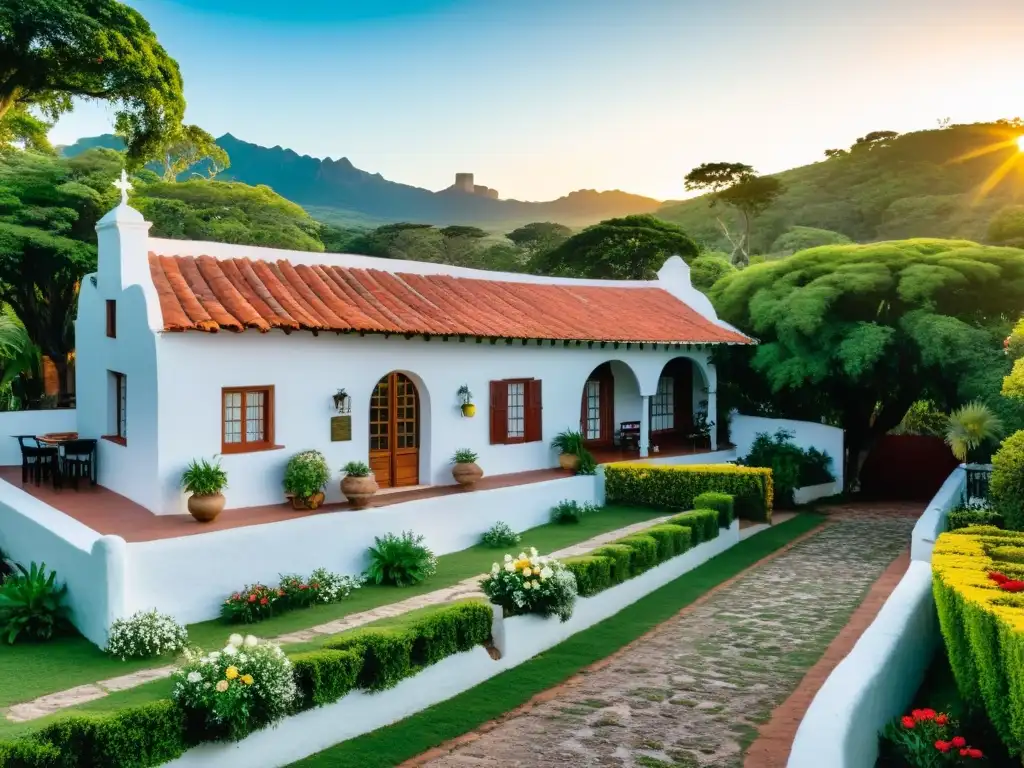 Encantadora y económica casa de huéspedes en Uruguay, rodeada de verde y flores, con un atardecer que baña las colinas en un cálido resplandor