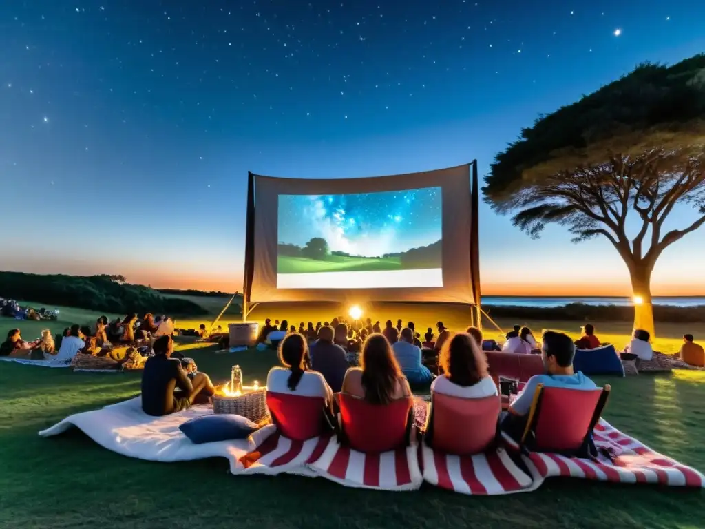 Una encantadora noche de eventos de cine al aire libre en Uruguay, con gente diversa disfrutando bajo un cielo estrellado