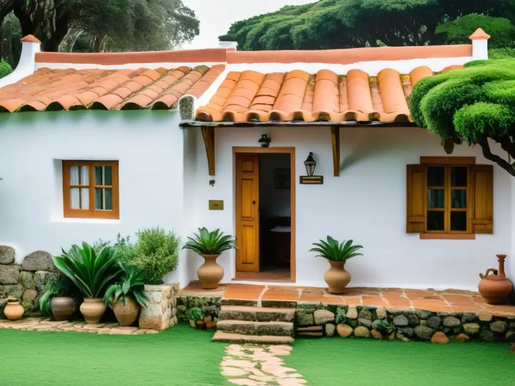 Encantadora posada blanca entre la naturaleza de Uruguay, con puerta de madera abierta a un interior acogedor y artístico