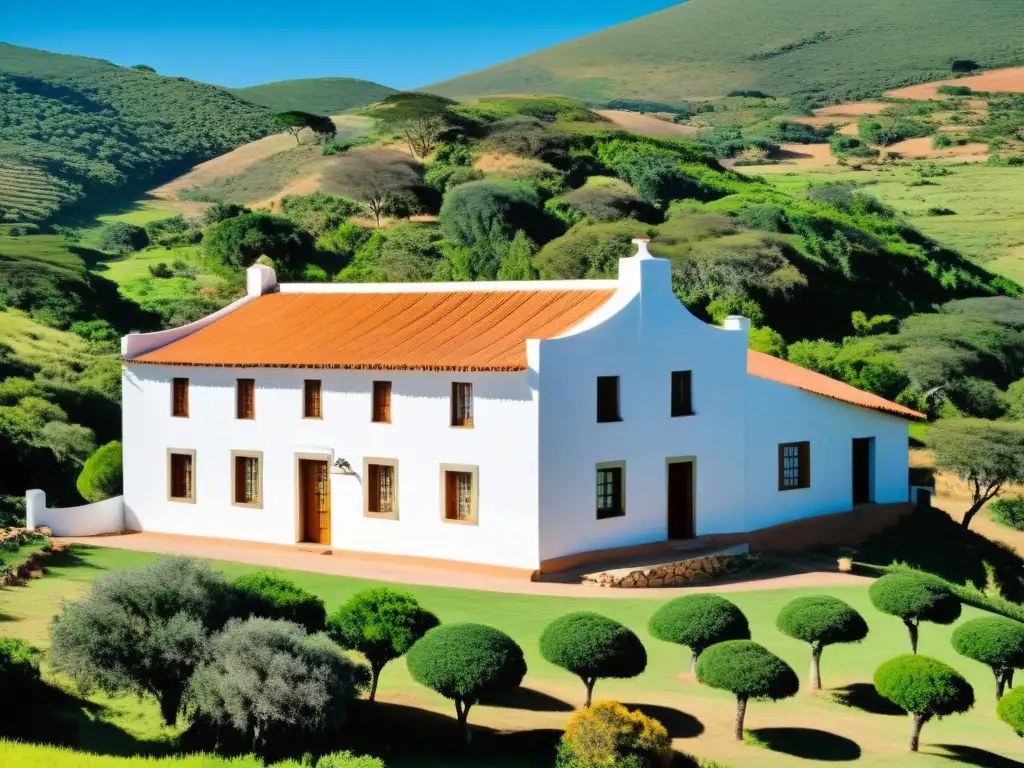 Encantadora posada rural en Uruguay, resplandeciente entre colinas verdes, flores en pleno apogeo y gauchos en la distancia