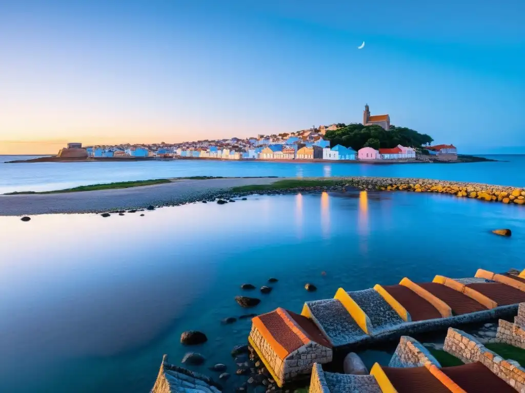 Una encantadora fotografía de viaje en Uruguay, mostrando un sereno pueblo de pescadores bañado por la luz dorada del atardecer