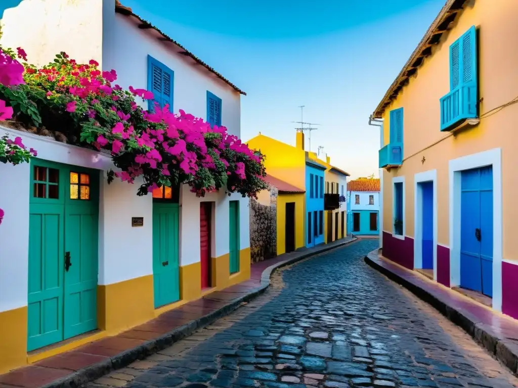 Encanto de pueblos en Uruguay al atardecer, con calles adoquinadas, casas coloniales y vida local vibrante