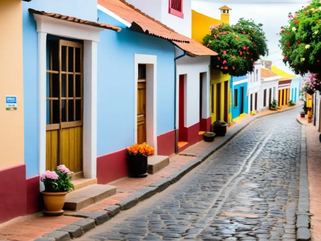 Encanto de pueblos en Uruguay: calle adoquinada llena de vida y casas coloridas bañadas por el sol dorado, con una iglesia majestuosa al fondo