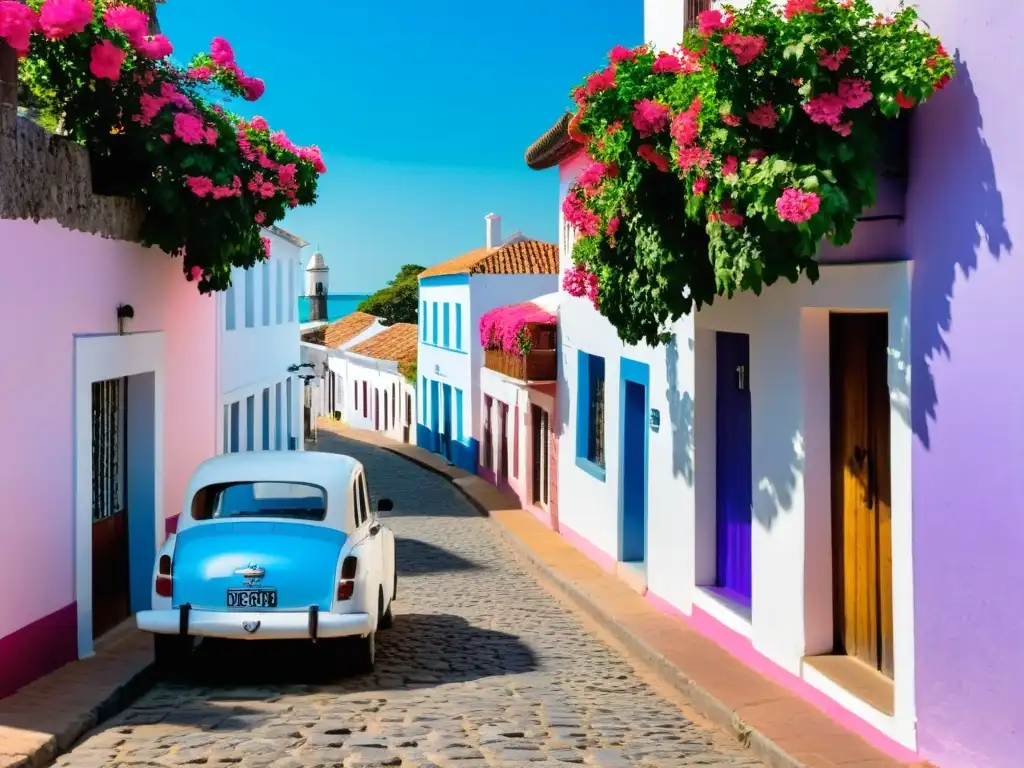 Encanto de pueblos en Uruguay: Colonia del Sacramento, calles empedradas, casas coloniales blancas, autos vintage y faro, evocando paz