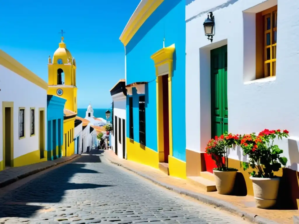 Encanto de pueblos en Uruguay: escena idílica de callejón con casas coloniales, gente local y señalización artesanal