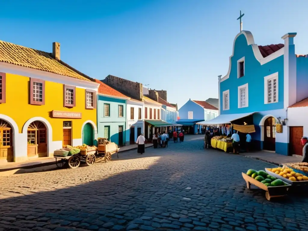 Encanto de pueblos en Uruguay: amanecer idílico, calles empedradas, casas coloridas, mercados locales y mates matutinos en una cafetería pintoresca