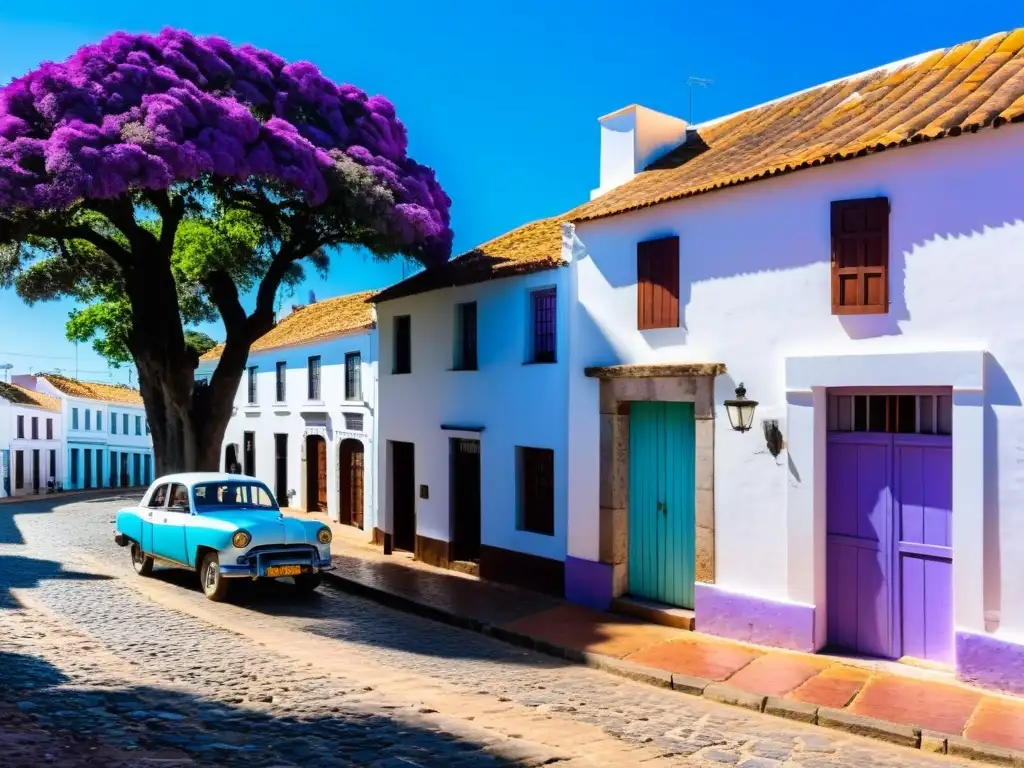 Encanto de pueblos en Uruguay: vista panorámica de una calle adoquinada en Colonia del Sacramento, edificios coloniales blancos y un coche vintage