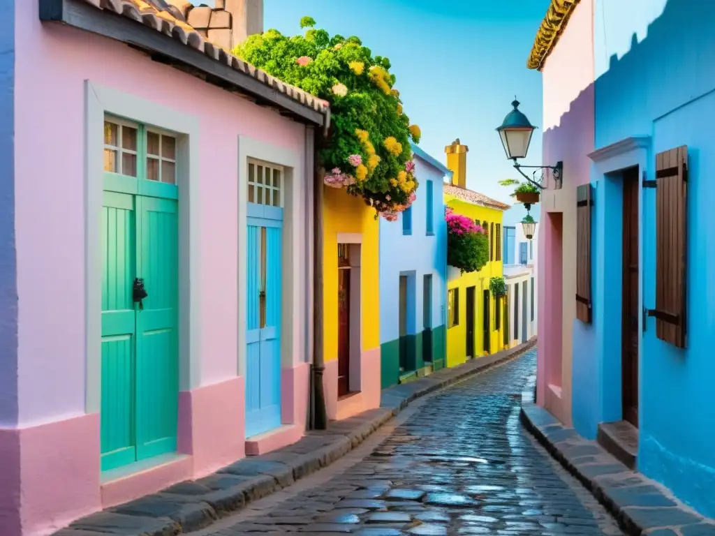 Encanto uruguayo experiencia lowcost: Pareja de turistas en bicicleta explorando la pintoresca calle empedrada de Colonia del Sacramento al atardecer