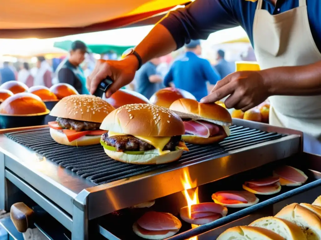 Encanto uruguayo experiencia lowcost en un bullicioso mercado al atardecer, con un amable vendedor preparando sabroso Chivito al grill