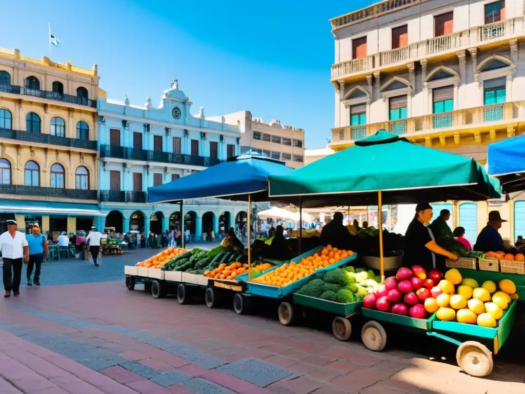 Encanto uruguayo experiencia lowcost: Mercado local en Montevideo, lleno de coloridos productos y ritmo de Candombe bajo un sol radiante