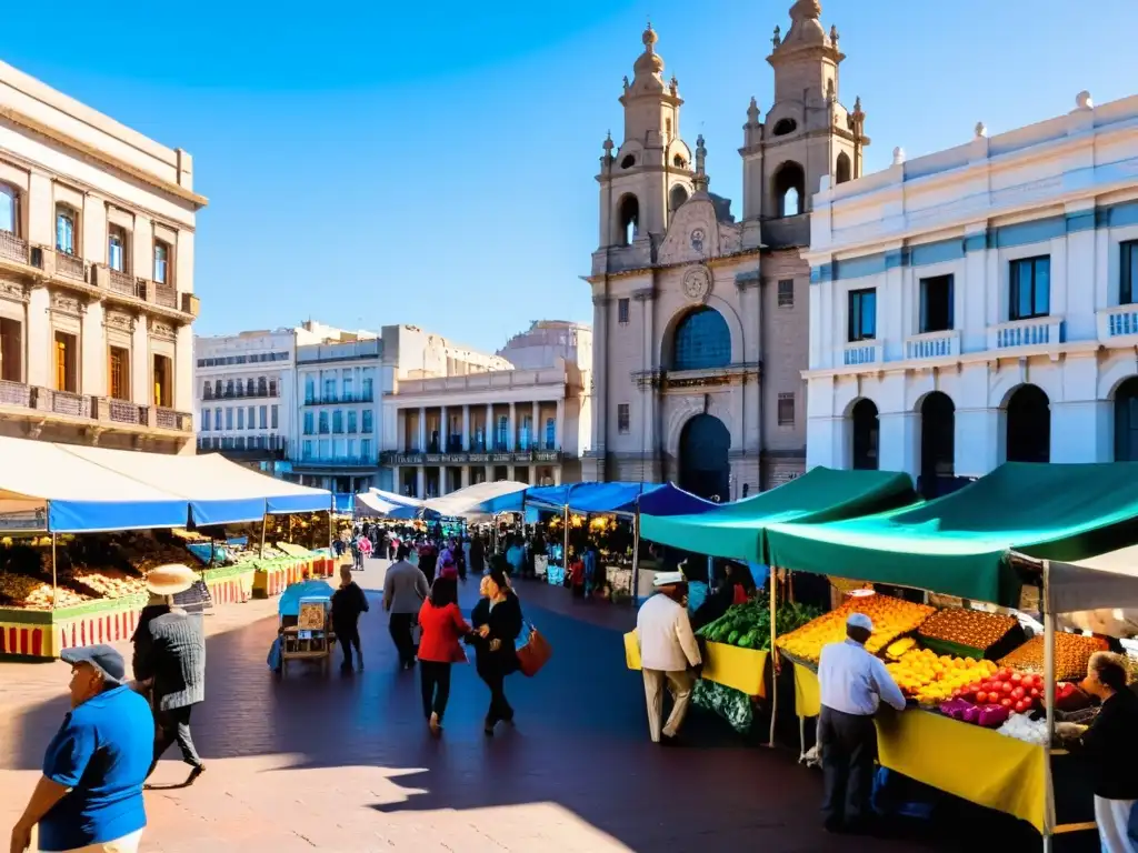 Encanto uruguayo experiencia lowcost: Mercado bullicioso en Montevideo, parejas regateando y el icónico Palacio Salvo bañado por el sol poniente