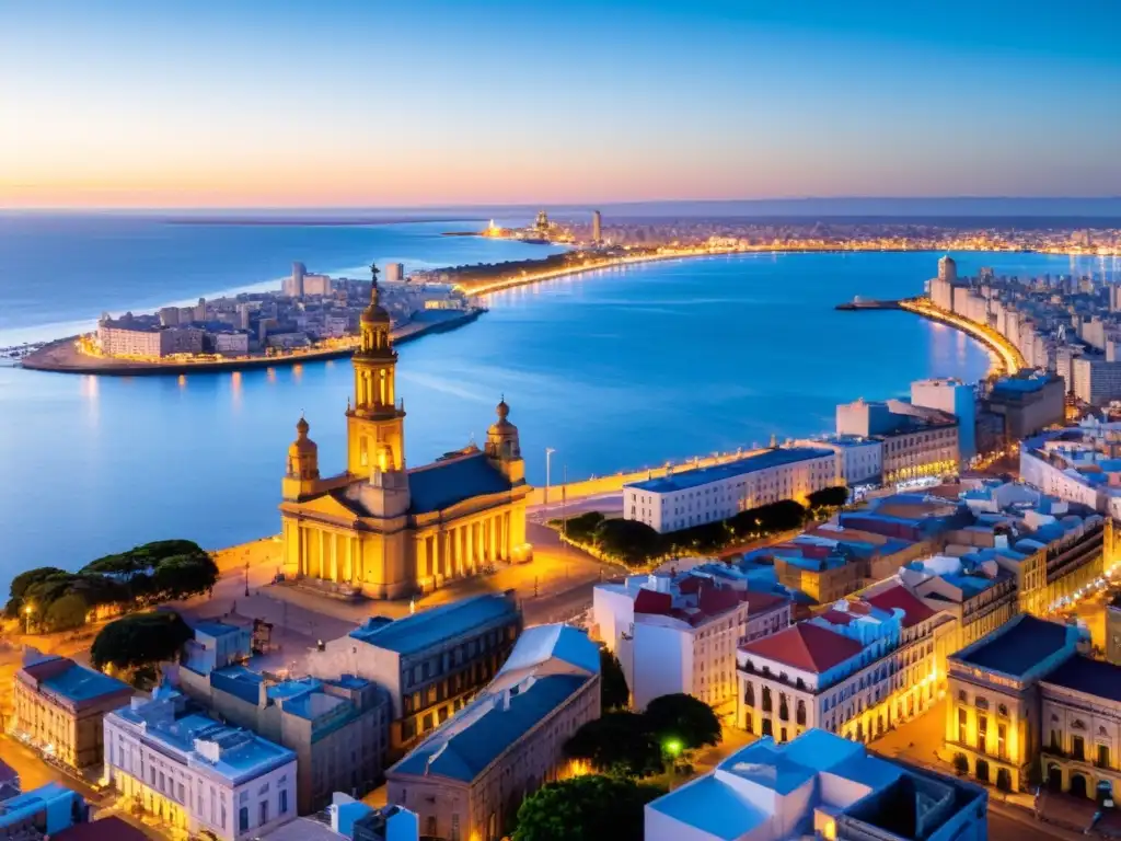 Encanto uruguayo experiencia lowcost: un panorama deslumbrante de Montevideo bajo la cálida luz del atardecer, mezcla de antiguo y nuevo