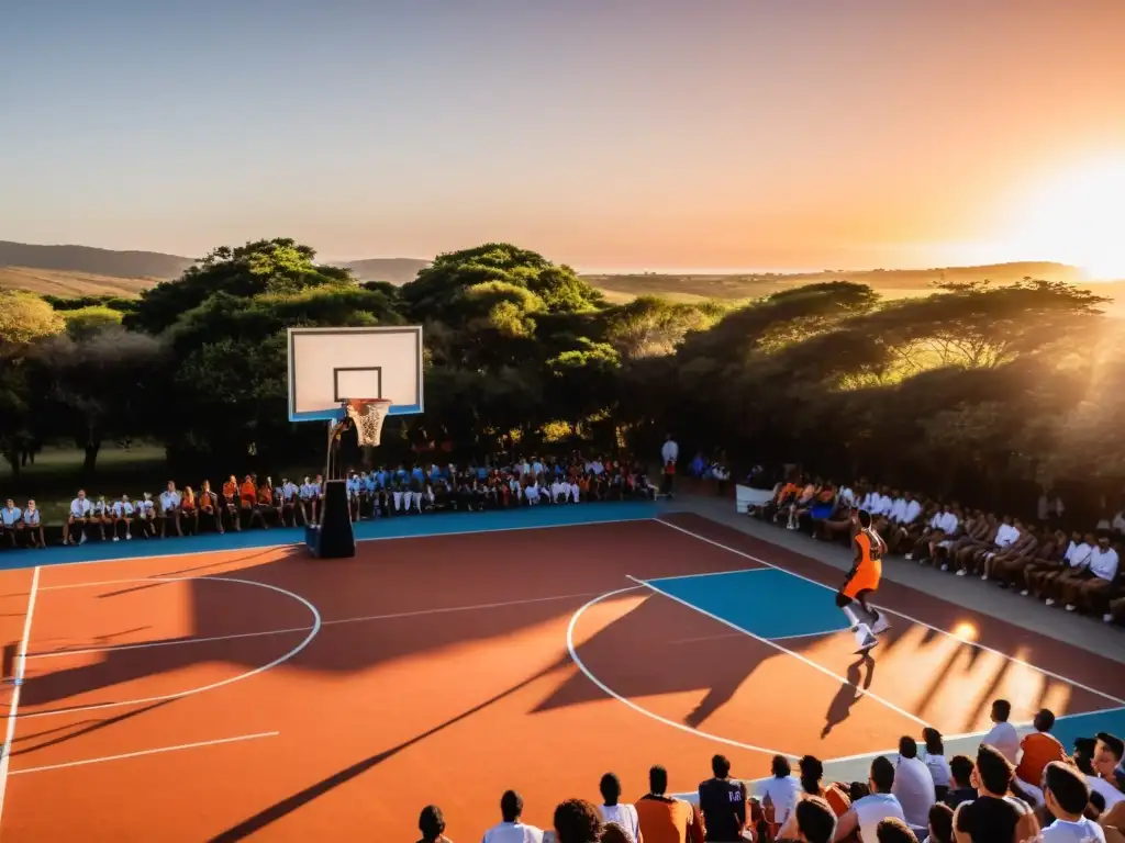 Equipo de baloncesto en Uruguay compite enérgicamente al atardecer, bajo la bandera ondeante y el vibrante cielo naranja