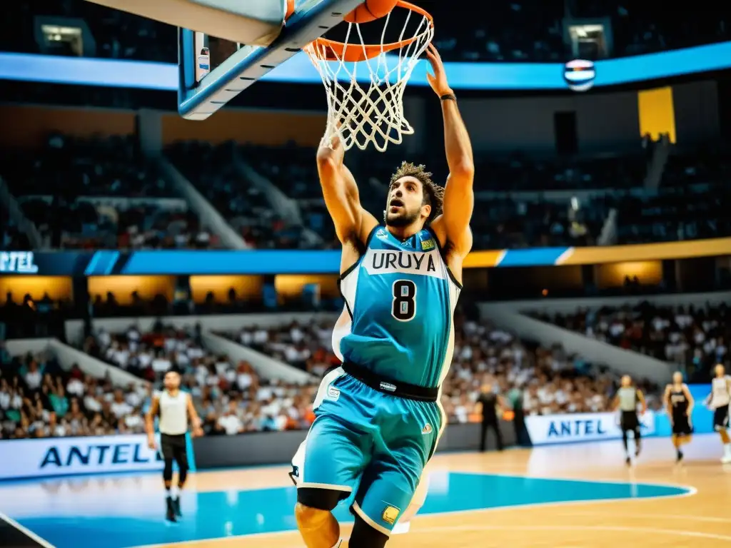 Equipo de baloncesto en Uruguay enérgicamente compitiendo en el famoso estadio Antel Arena, capturando la emoción del juego