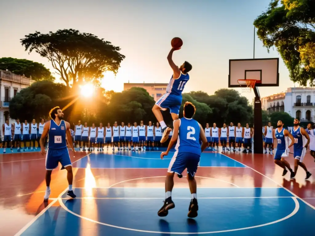 Equipo de baloncesto en Uruguay, en un partido intenso al atardecer, demostrando habilidad, pasión y orgullo nacional