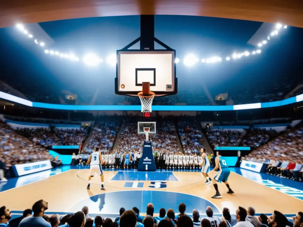 Equipo de baloncesto en Uruguay en plena lucha en un estadio lleno, con la bandera ondeando, un juego intenso y emocionante