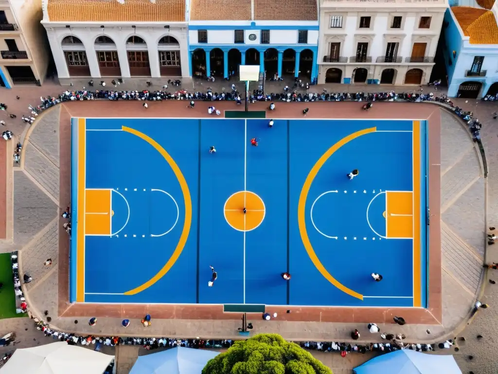 Equipo de baloncesto en Uruguay en pleno juego, en una colorida cancha al aire libre en Montevideo, bajo el cálido sol dorado