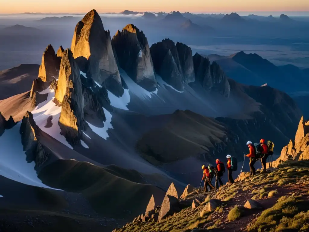 Equipo de escalada desafiando los imponentes picos de Uruguay bajo un majestuoso atardecer, símbolo de la escalada en Uruguay desafíos picos